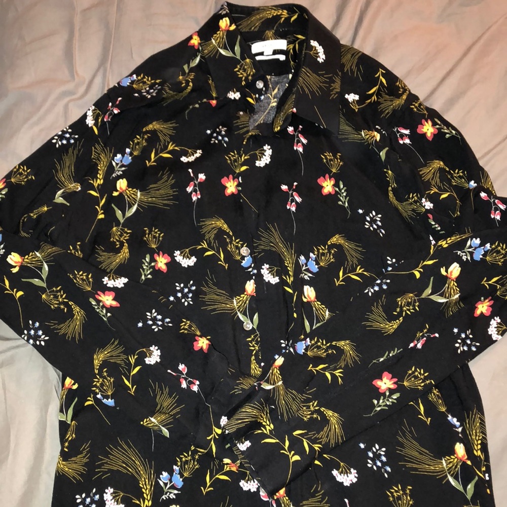 Black print button up shirt